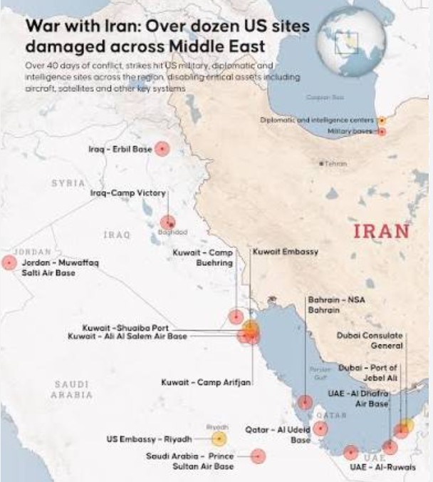 Map of US military, diplomatic and intelligence sites damaged across the Middle East during the Iran war